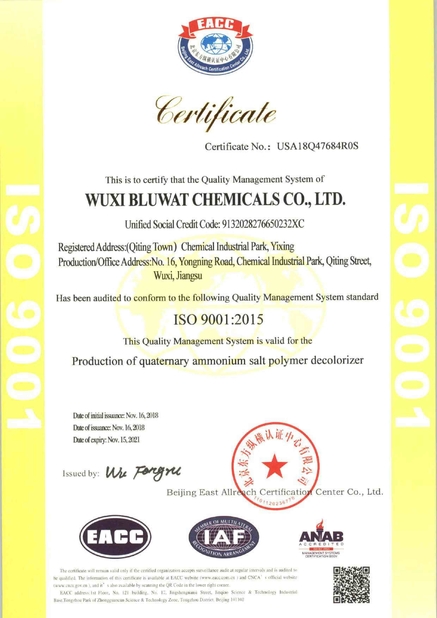 Çin Yixing bluwat chemicals co.,ltd Sertifikalar